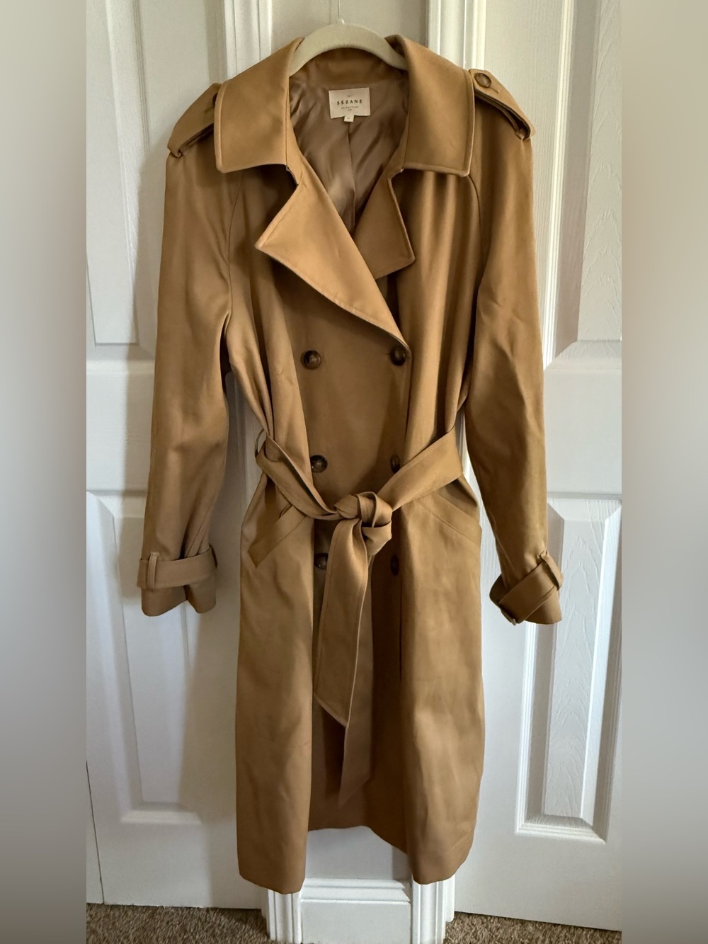 Sezane Camel Double-Breasted Trench Coat with Waist Tie